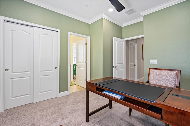 playroom featuring light carpet and ornamental molding