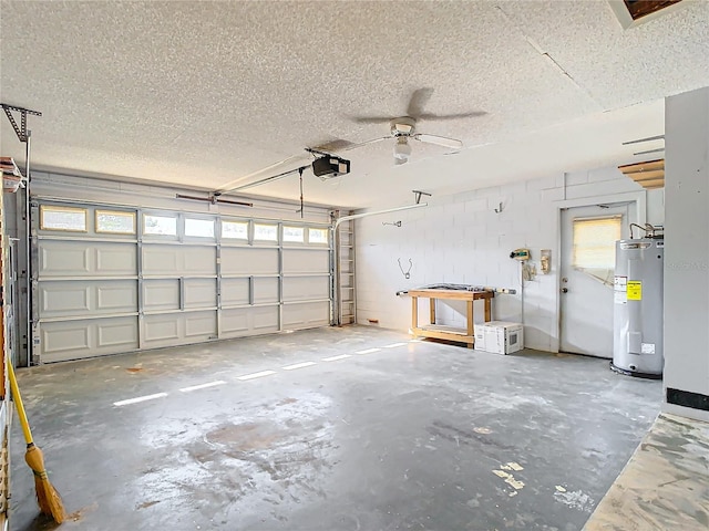 garage with electric water heater, a garage door opener, and ceiling fan