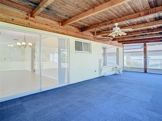 unfurnished sunroom with beam ceiling, wood ceiling, and ceiling fan with notable chandelier