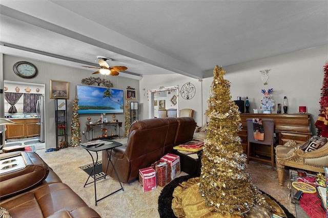 living room with light carpet, ceiling fan, and beamed ceiling