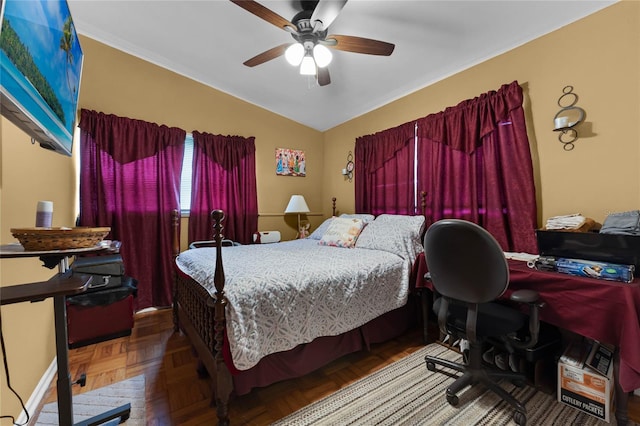 bedroom featuring parquet flooring and ceiling fan