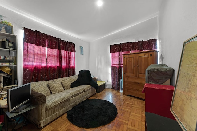 living room with parquet flooring