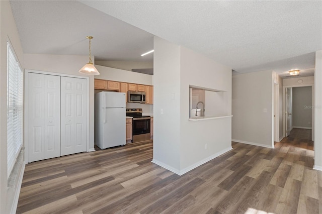 kitchen with dark hardwood / wood-style floors, sink, stainless steel appliances, and decorative light fixtures