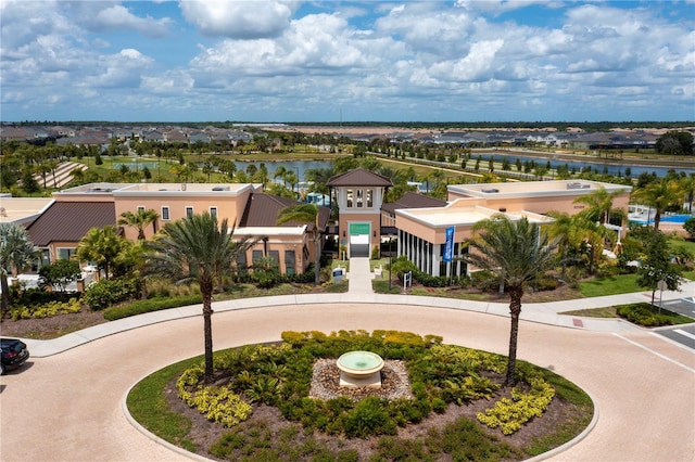 bird's eye view with a water view