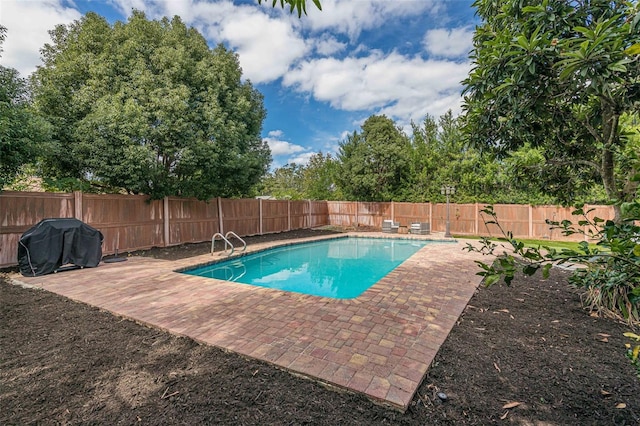 view of swimming pool with a grill and a patio