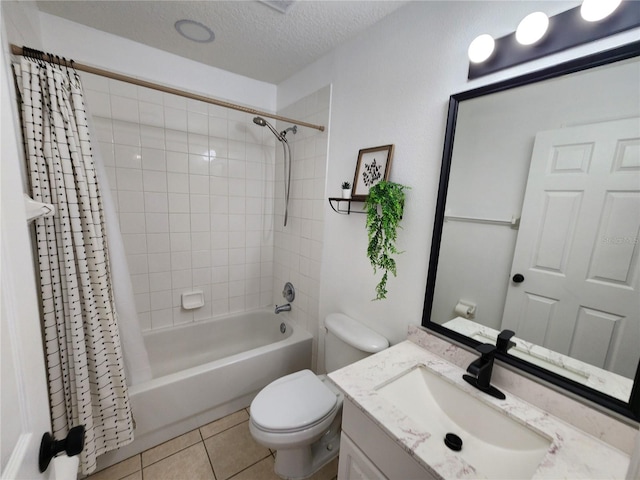 full bathroom featuring vanity, a textured ceiling, shower / bathtub combination with curtain, tile patterned flooring, and toilet