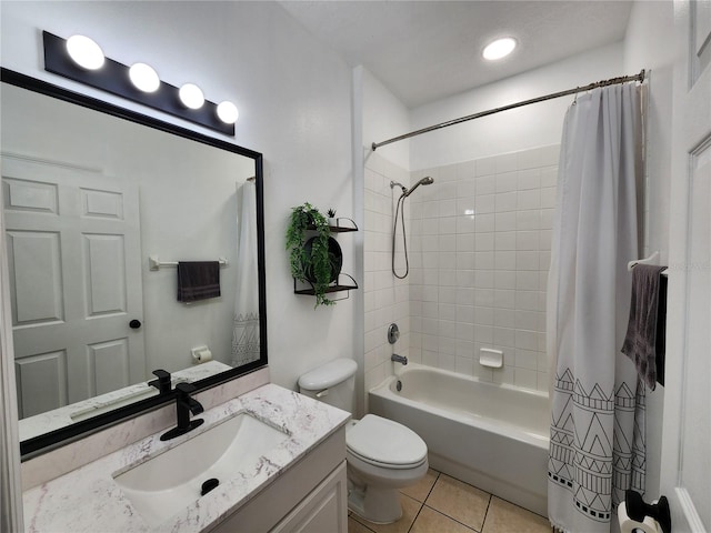 full bathroom featuring tile patterned flooring, vanity, shower / tub combo with curtain, and toilet