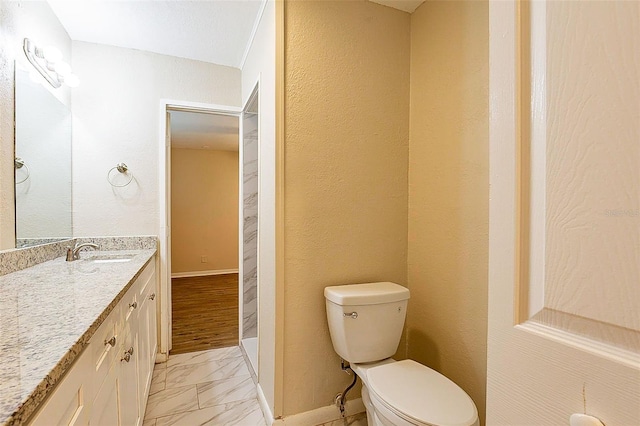 bathroom with wood-type flooring, vanity, and toilet