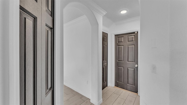 hallway featuring light hardwood / wood-style flooring and crown molding