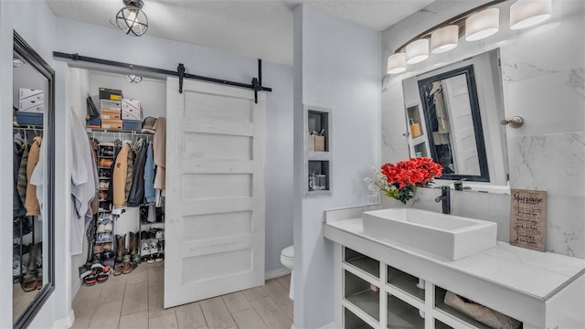 bathroom featuring vanity, wood-type flooring, a textured ceiling, and toilet