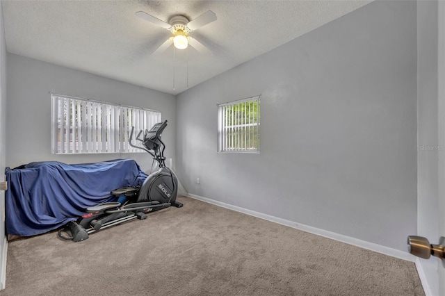 workout area with carpet, ceiling fan, a textured ceiling, and vaulted ceiling