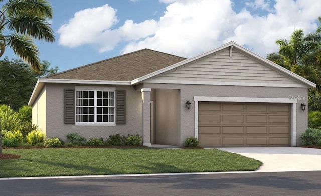 view of front of property with a front yard and a garage