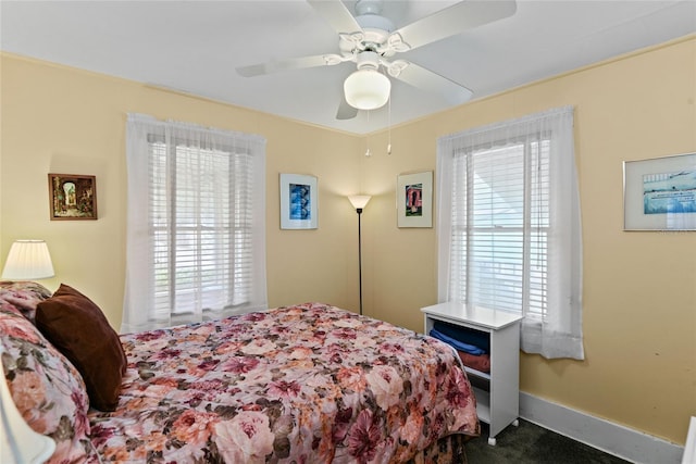 bedroom featuring dark colored carpet and ceiling fan