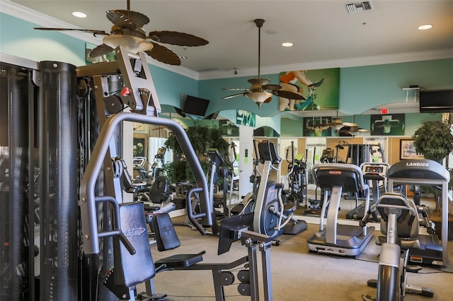 gym featuring ceiling fan and ornamental molding