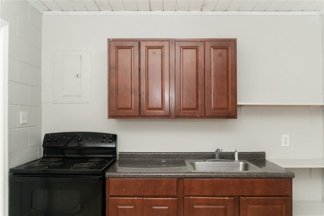 kitchen featuring electric range, crown molding, sink, and electric panel