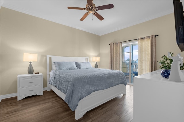 bedroom featuring access to outside, ceiling fan, dark wood-type flooring, and ornamental molding