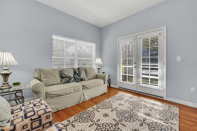 living room featuring hardwood / wood-style flooring and french doors