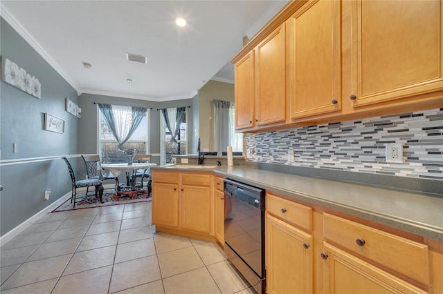 kitchen featuring sink, black dishwasher, backsplash, light tile patterned floors, and ornamental molding