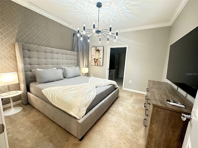 carpeted bedroom featuring ensuite bath, crown molding, and a notable chandelier