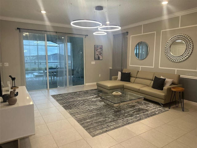 tiled living room featuring a notable chandelier and crown molding