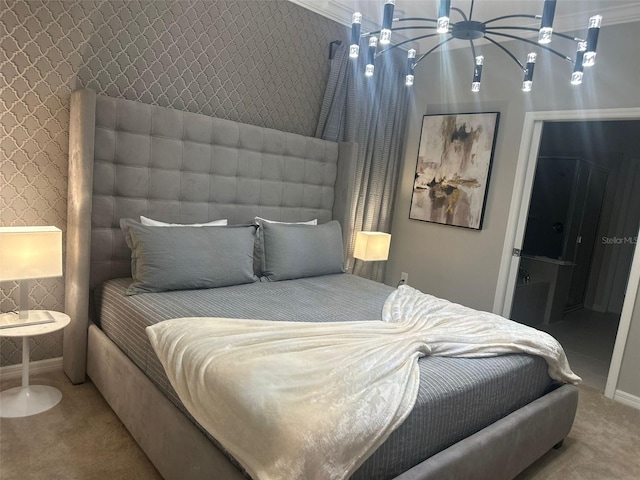 bedroom featuring ornamental molding and carpet floors