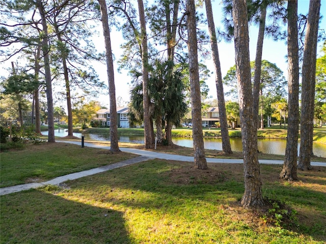 view of home's community with a yard and a water view