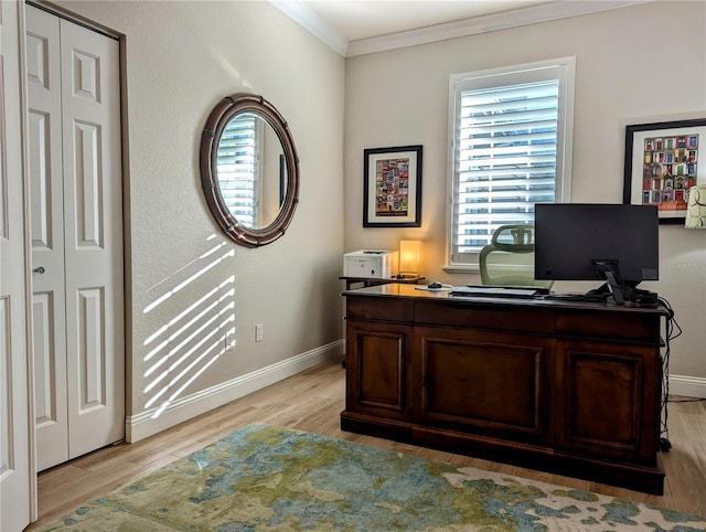 office featuring ornamental molding and light wood-type flooring