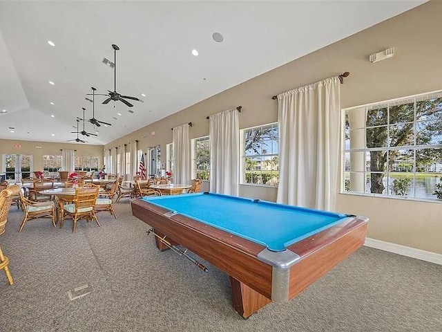 game room with billiards, ceiling fan, and carpet