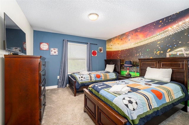 carpeted bedroom with a textured ceiling