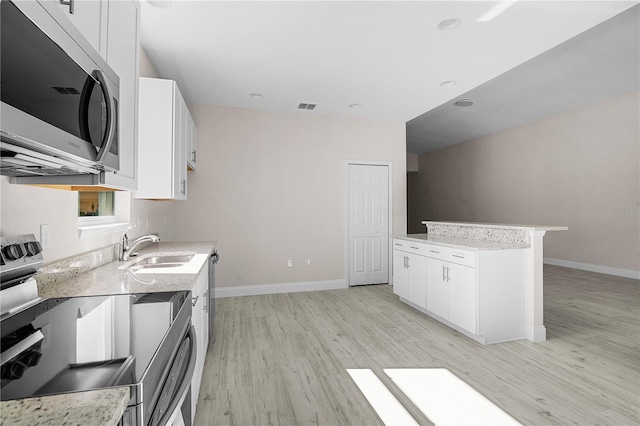 kitchen featuring light stone countertops, white cabinetry, sink, appliances with stainless steel finishes, and light wood-type flooring