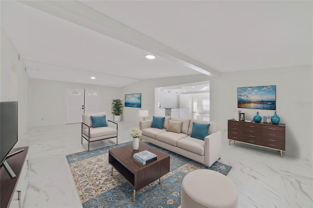 living room featuring beamed ceiling