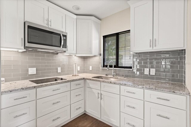 12550 Lakeshore Dr, Clermont, FL 34711 - kitchen featuring stainless steel microwave, black electric stovetop, white cabinetry, tasteful backsplash, and light stone counters