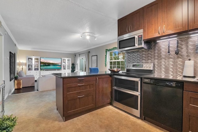 kitchen with decorative backsplash, ornamental molding, stainless steel appliances, and kitchen peninsula