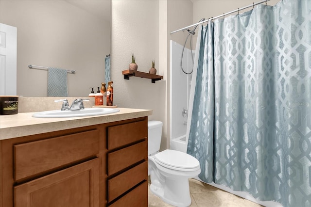 full bathroom featuring tile patterned floors, vanity, toilet, and shower / tub combo with curtain