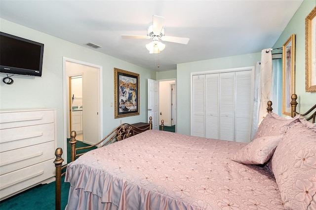 bedroom featuring carpet, ceiling fan, and a closet