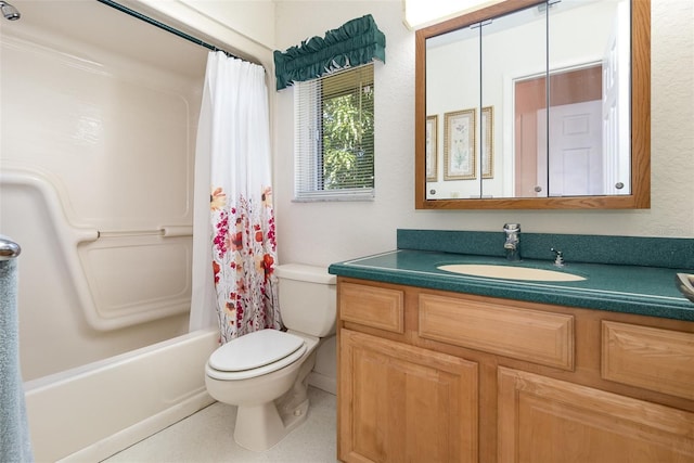 full bathroom with vanity, shower / bath combination with curtain, and toilet