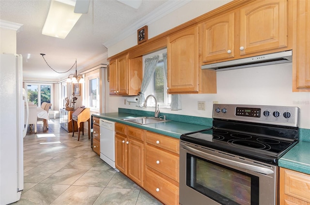 kitchen featuring crown molding, white appliances, dark countertops, under cabinet range hood, and a sink
