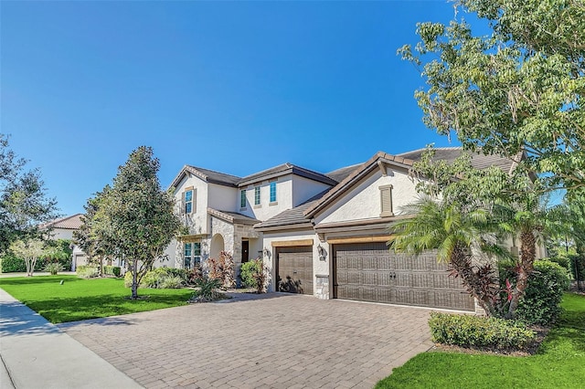 view of front of home with a garage and a front lawn