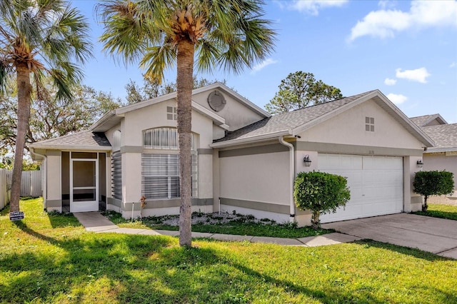 single story home featuring a garage and a front yard