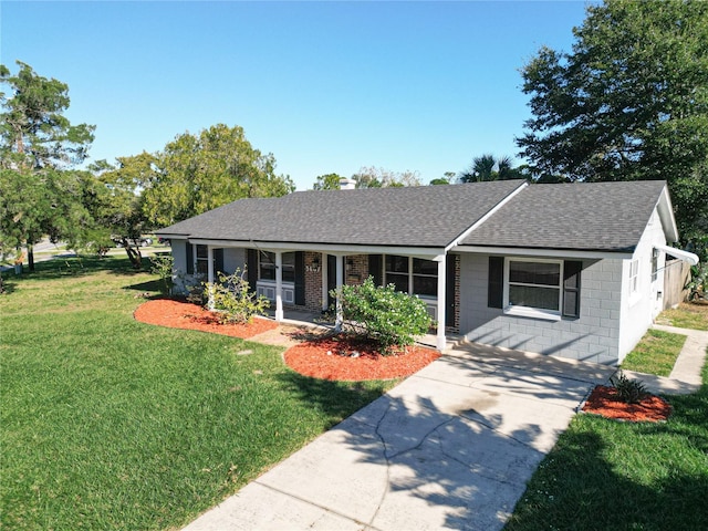 ranch-style house featuring a porch and a front lawn