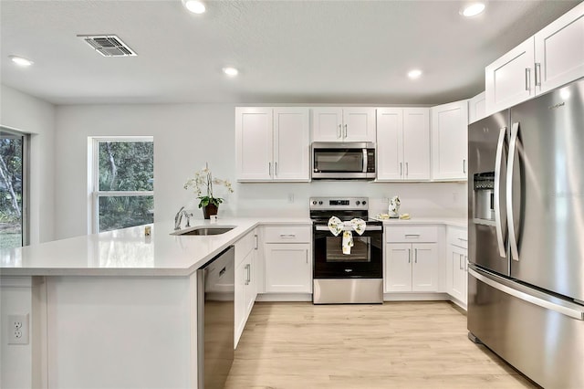 kitchen featuring kitchen peninsula, appliances with stainless steel finishes, sink, light hardwood / wood-style flooring, and white cabinets