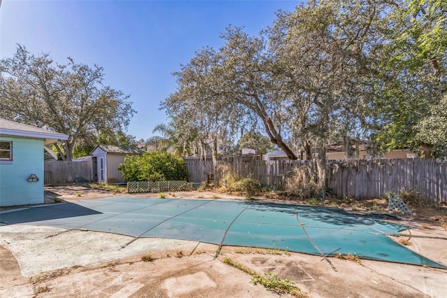 view of pool with a patio and a storage unit