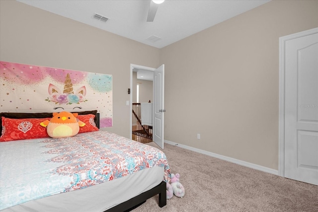 bedroom featuring carpet and ceiling fan