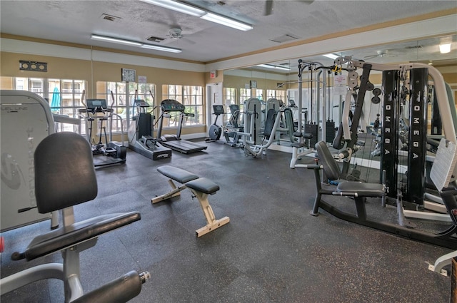 exercise room featuring plenty of natural light, ornamental molding, and a textured ceiling