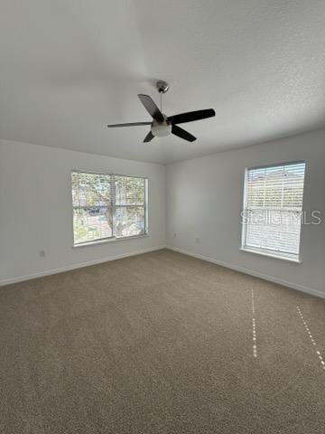 carpeted empty room featuring ceiling fan and a wealth of natural light