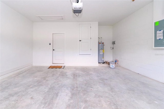 garage with electric panel, a garage door opener, and water heater