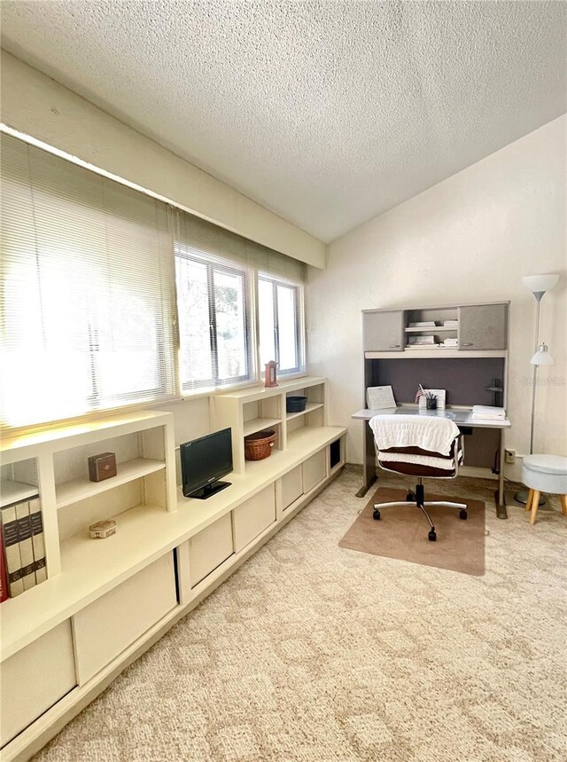 carpeted home office featuring a textured ceiling