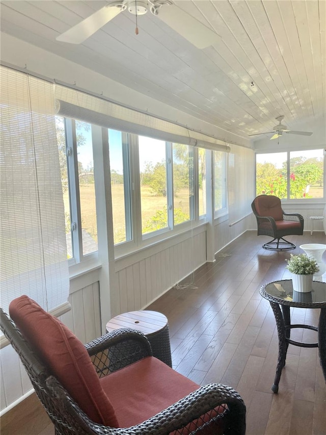 sunroom with ceiling fan and wood ceiling