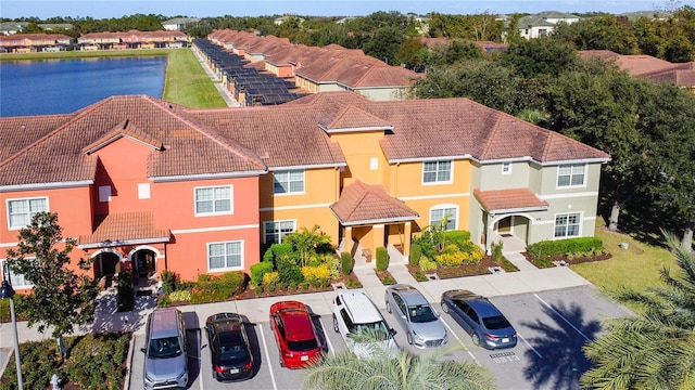 bird's eye view with a water view