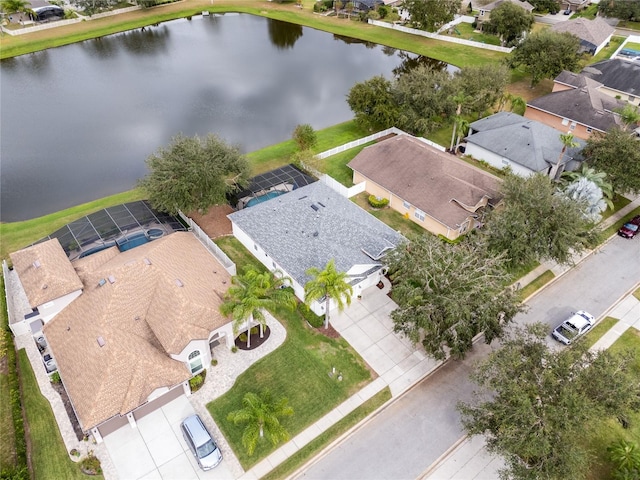 bird's eye view with a water view